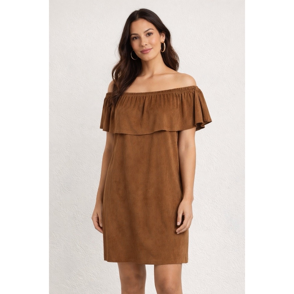 Chicos Faux Suede Off The‎ Shoulder Ruffle Shift Dress Brown Size 0.5 Small